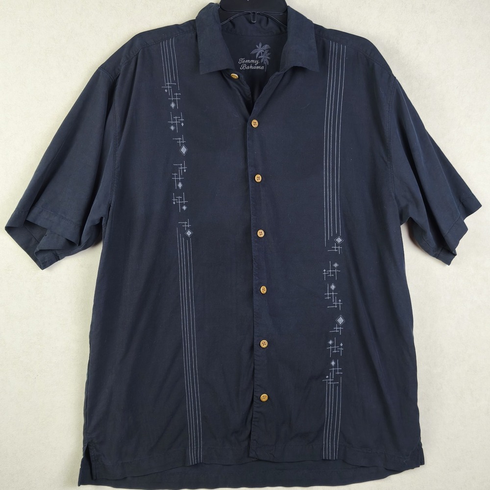 Tommy Bahama 100% Silk Camp Shirt Men L Black Embroidered Resort